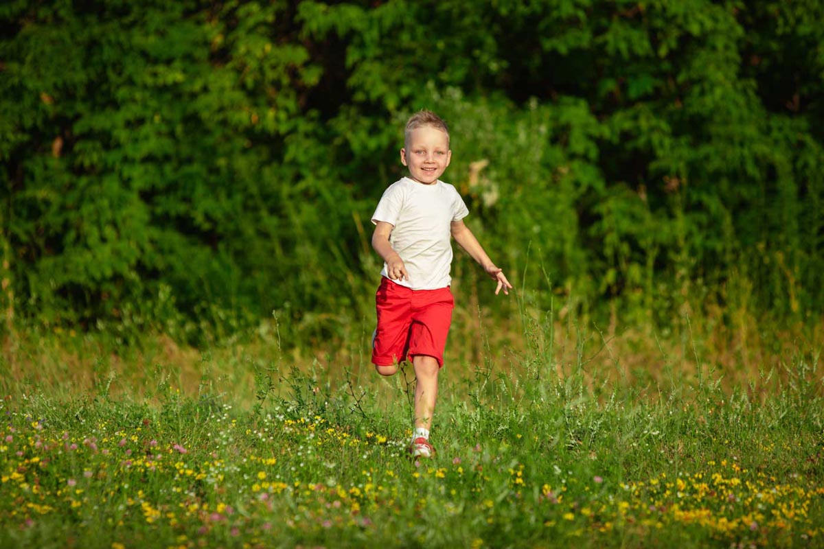 Kid, little boy running on meadow in summer's sunlight
